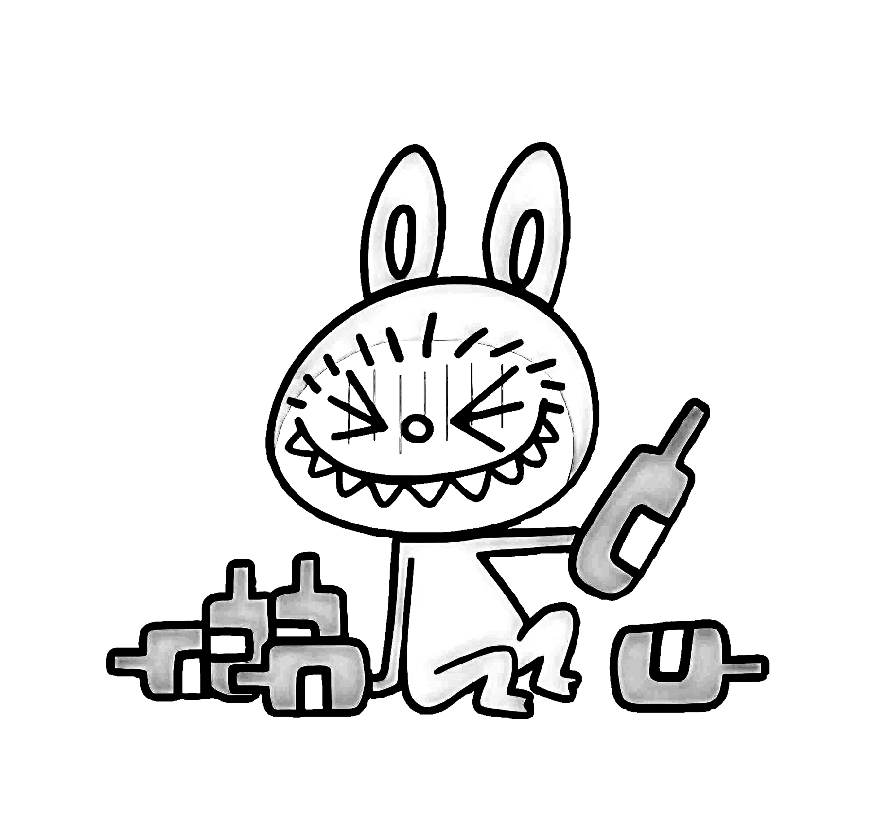 Drunk Labubu looking dizzy, line art for coloring